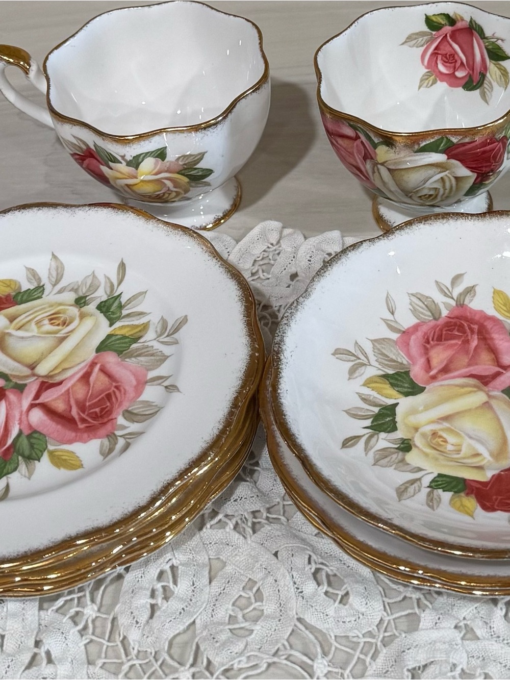 Vintage Queen Anne Floral Tea Set White with Pink & White Rose 5 dessert 2 C & S